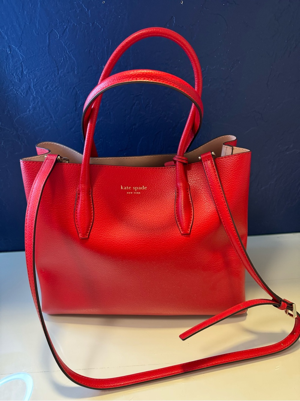 Kate Spade Red Pebbled Leather Satchel Tote Crossbody Bag